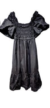 English Factory Black Ruffle Smocked Puff Sleeve Midi Dress Square Neck S